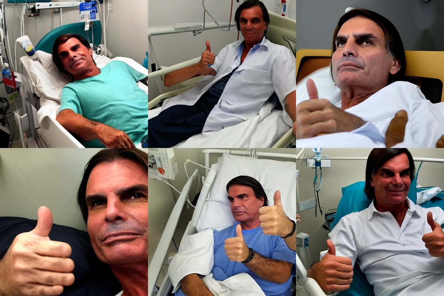 Prompt: Jair Bolsonaro in hospital bed giving thumbs up