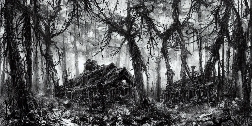 Image similar to photorealistic, ruined english bungalow at night, overgrown vegetation, in the forest, apocalypse, very dark, fog, skinny evil creatures, hell scape, horrifying, hyperrealistic, grimdark, art by tsutomu nihei