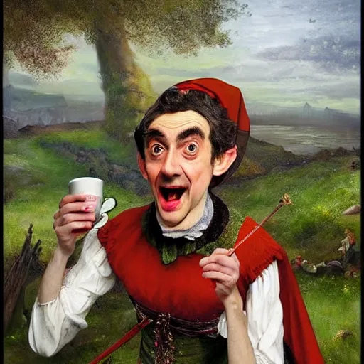 Prompt: 18th century elf princess (Mr. Bean), mouth wide open, is ((drinking a cup of tea)). fantasyconcept art, inspired by John Everett Millais's Ophelia