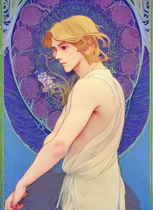 Image similar to pretty young man with shoulder length blond hair, male, half body shot, path traced, highly detailed, high quality, digital painting, by studio ghibli and alphonse mucha, leesha hannigan, hidari, art nouveau, chiho aoshima, posuka demizu