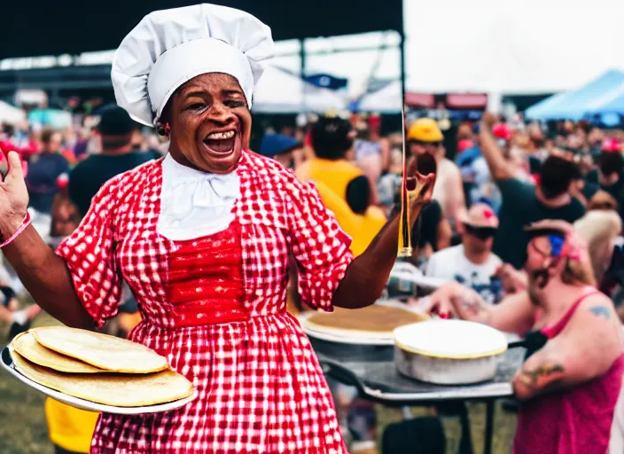 Image similar to photo still of aunt jemima in period attire at vans warped tour!!!!!!!! at age 4 0 years old 4 0 years of age!!!!!!! on stage throwing pancakes to the crowd, 8 k, 8 5 mm f 1. 8, studio lighting, rim light, right side key light