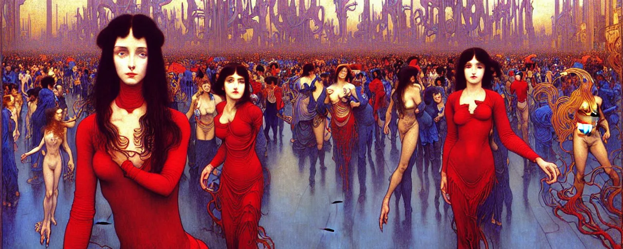 Prompt: realistic extremely detailed full height portrait painting of a girl with dark hair and red dress in a crowded sci-fi city street, very detailed crowd by Jean Delville, Amano, Yves Tanguy, Alphonse Mucha, Ernst Haeckel, Edward Robert Hughes, Roger Dean, rich moody colours, blue eyes