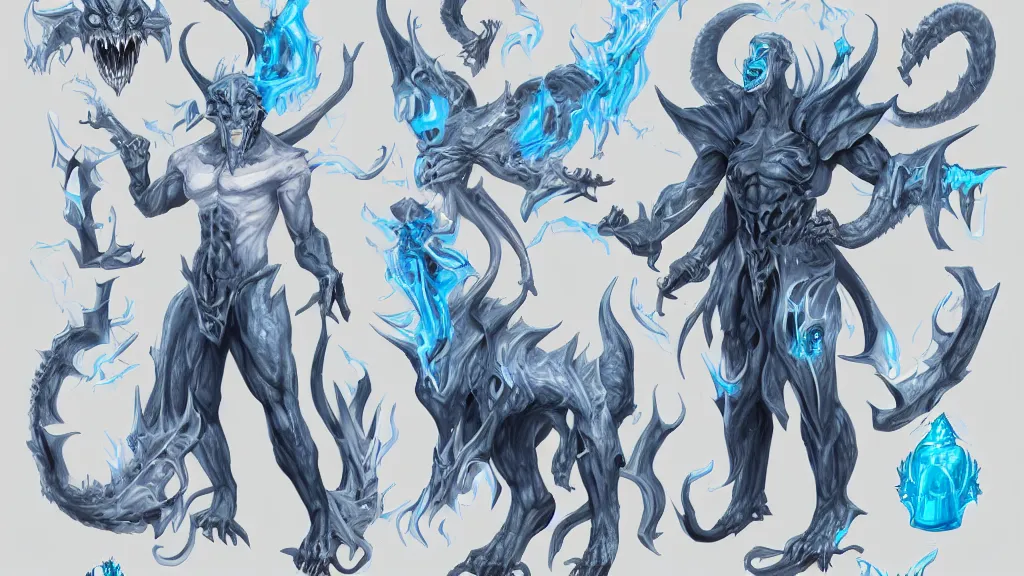 Image similar to a fantasy white and pale blue draconian demon with bright eyes character design sheet, trending on artstation