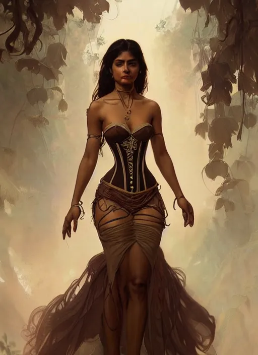 Image similar to cute brown woman wearing a translucent corset dress, fantasy, intricate, highly detailed, digital painting, artstation, concept art, wallpaper, smooth, sharp focus, illustration, art by artgerm and greg rutkowski and alphonse mucha