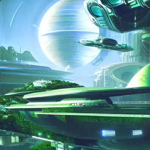 Prompt: beautiful matte painting of green gardens with roads on a futuristic sci-fi space station, cinematic angle, cinematic lighting, blue sky, spaceship hovering above, by Syd Mead, John Harris, Federico Pelat