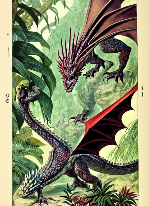 Prompt: game of thrones dragon in a tropical forest, john james audubon, ernst haeckel, intaglio, sharp focus