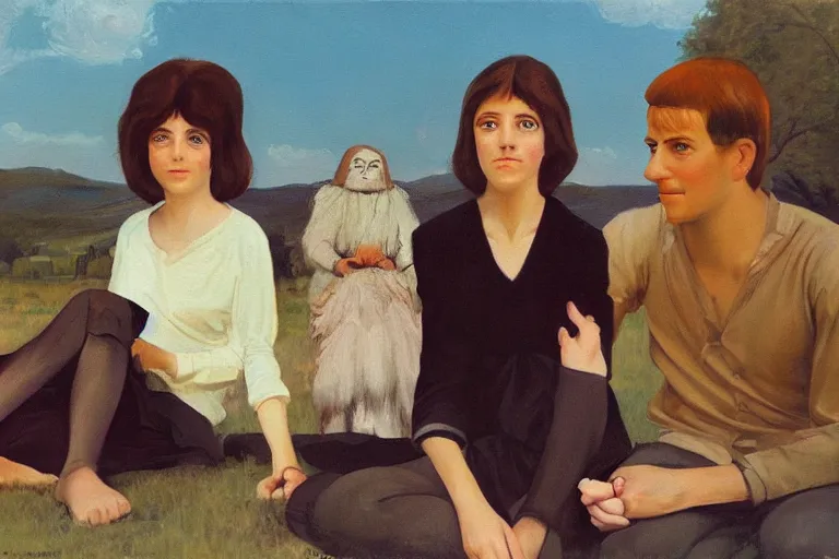 Image similar to beautiful painting of friends, beautiful faces, sitting on the edge, cute, soft light, digital painting by diane arbus and ralph mcquarrie and charles maurice detmold