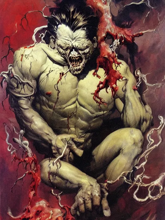 Prompt: painting by frank frazetta of a flying sorrowful looking human head with tears running down it's eyes, face that is chalk white in color, with long sprawling white tentacles stemming down it's neck, fiery scorching red eyes, flying in a terrying hellish dark cavernous place