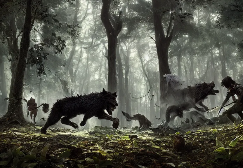 Image similar to a party of adventurers are attacked by a dire wolf in a forest glade, digital art, greg rutkowski, junju ito, unreal engine, octane render, cinematic lighting, highly detailed