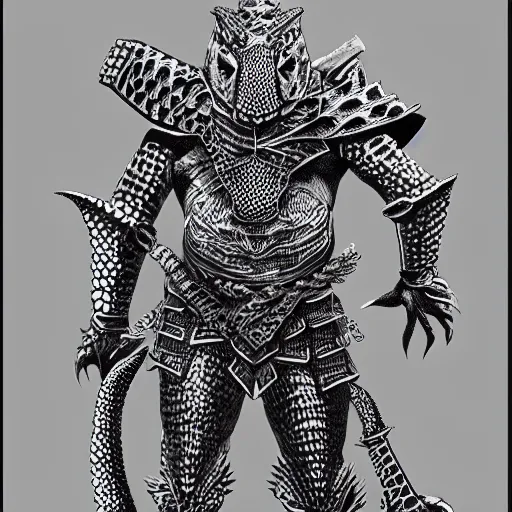 Prompt: anthro crocodile crocman wearing tribal armor, artwork by kentaro miura, crocodile man, kentaro miura art