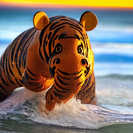 Image similar to a closeup photorealistic photograph of a cute smiling knitted tiger hippopotamus chasing a beachball at sunset. surf in the background. professional capture. this 4 k hd image is trending on artstation, featured on behance, well - rendered, extra crisp, features intricate detail, epic composition and the style of unreal engine.