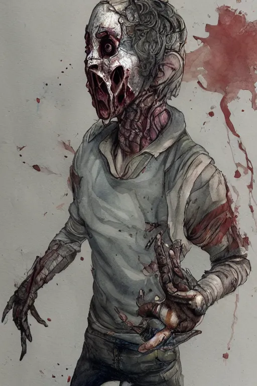 Image similar to beautiful clean water color painting of legion dbd, dead by daylight, portrait study by bernie wrightson, detailed, stunning, realistic