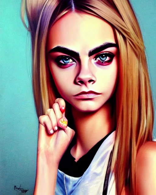 Image similar to portrait of Cara Delevingne as Anime girl cute-fine-face, full body! pretty face, realistic shaded Perfect face, fine details. Anime. realistic shaded lighting by Ilya Kuvshinov Giuseppe Dangelico Pino and Michael Garmash and Rob Rey