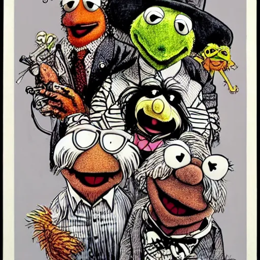 Prompt: the muppets drawn by ralph steadman fear and loathing in las vegas style