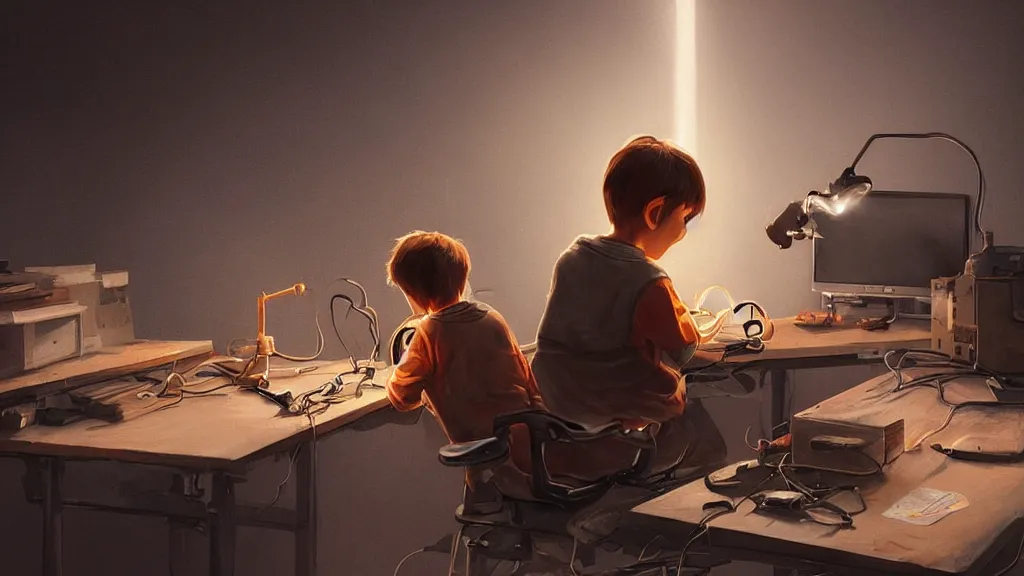 Image similar to a boy with brown hair seated with his back to us and is soldering on a desk with electronic parts with an orange tabby cat on the desk watching him, coherent, cinematic lighting, highly detailed, digital painting, artstation, concept art, sharp focus, illustration