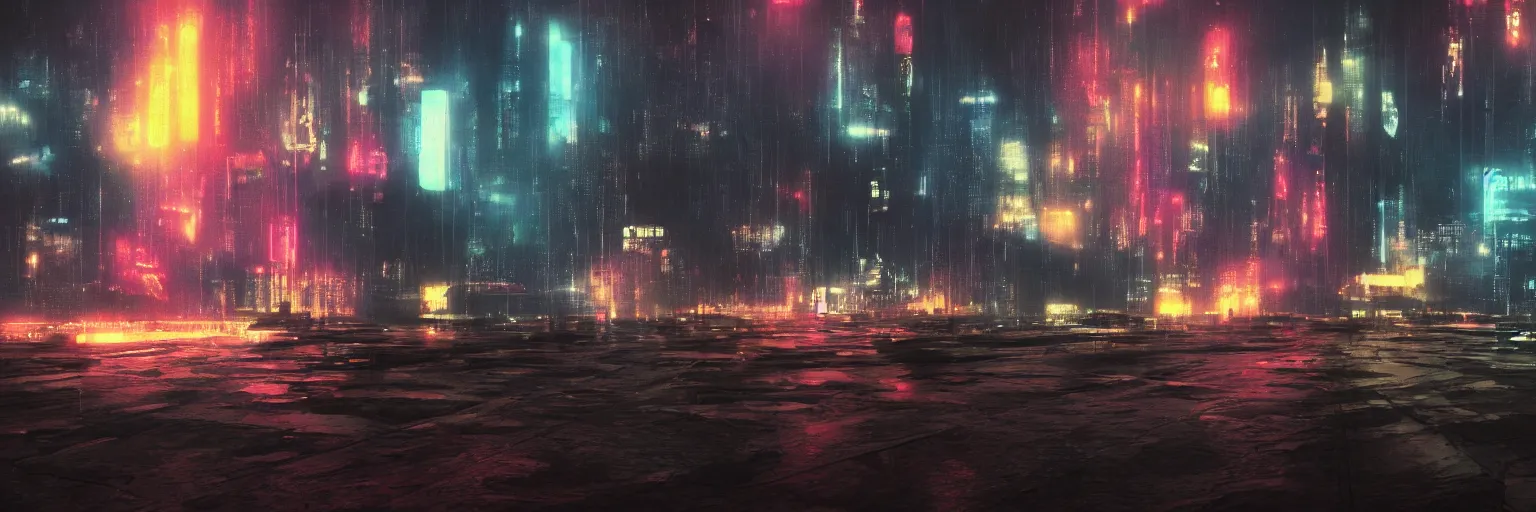 Prompt: The sky above the port was the color of television, tuned to a dead channel. In the style of Blade Runner, CyberPunk.