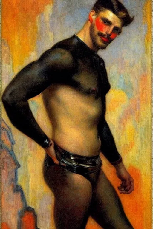 Image similar to attractive man, futurism, painting by gaston bussiere, tom of finland