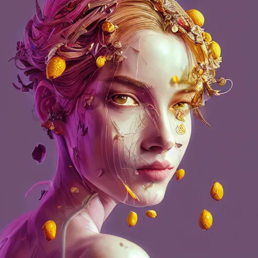 Image similar to the portrait of an absurdly beautiful, graceful, elegant, sophisticated, young idol made up of lemons, an ultrafine hyperdetailed illustration by kim jung gi, irakli nadar, intricate linework, bright colors, octopath traveler, final fantasy, unreal engine 5 highly rendered, global illumination, radiant light, detailed and intricate environment