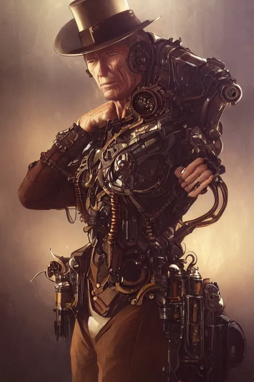 Image similar to clint eastwood steampunk cyborg, portrait, western, duster, fantasy, intricate, elegant, highly detailed, digital painting, artstation, concept art, sharp focus, illustration, art by artgerm and greg rutkowski and alphonse mucha