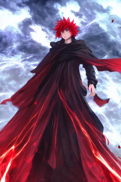Image similar to anime guy with red hair in black cloak holding a red energy vortex, anime fight, wlop, concept art, digital painting, trending on artstation, highly detailed, epic composition, 8 k uhd