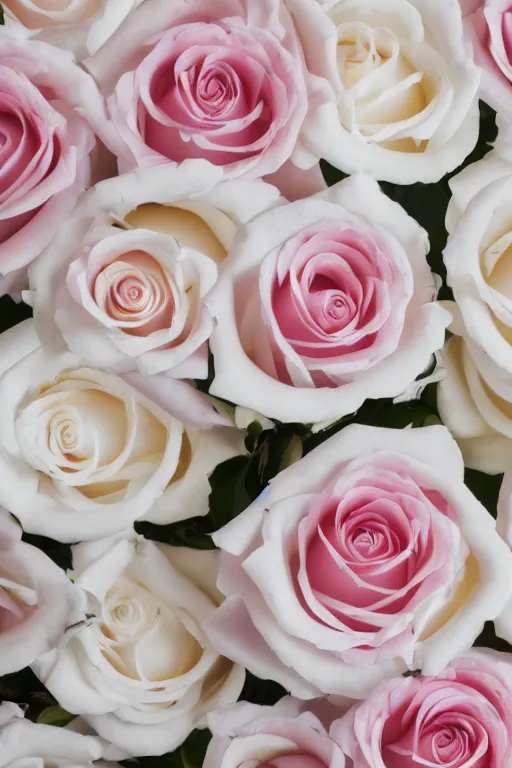 Image similar to Portrait Photo of Pink and White Roses surrounded by white rose petals on white marble, sunlit, 80s Versace ad, depth of field, highly detailed, award.