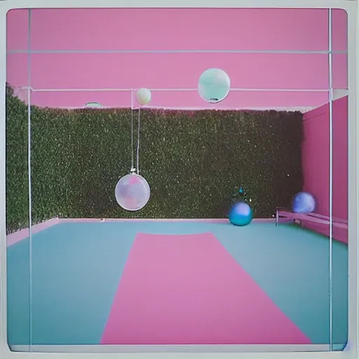 Prompt: a pastel colour high fidelity wide angle Polaroid art photo from a holiday album at a seaside with abstract inflatable parachute furniture, spheres and a DJ booth, all objects made of transparent iridescent Perspex and metallic silver, a grid of sun beds iridescence, nostalgic
