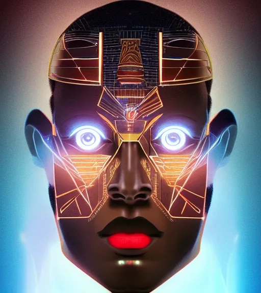 Image similar to symmetry!! egyptian prince of technology, solid cube of light, hard edges, product render retro - futuristic poster scifi, lasers and neon circuits, brown skin man egyptian prince, intricate, elegant, highly detailed, digital painting, artstation, concept art, smooth, sharp focus, illustration, dreamlike, art by artgerm