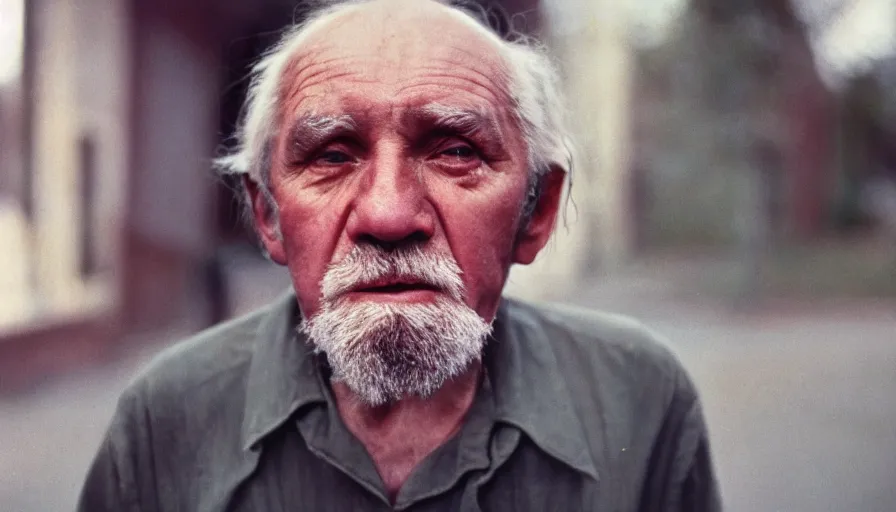 Image similar to 7 0 s movie still of a old man with spiral in the eyes, cinestill 8 0 0 t 3 5 mm eastmancolor, heavy grain, high quality, high detail