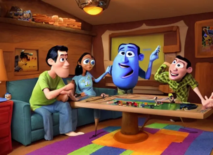 Prompt: pixar animation homeboys are buddies in a disney animation mancave