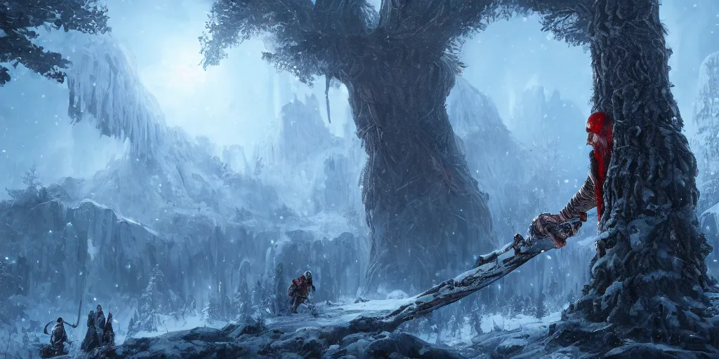 Prompt: an environmental concept art of god of war, a giant cyclops wields a tree, winter, highly detailed, environmental light, cinematic by francis tneh