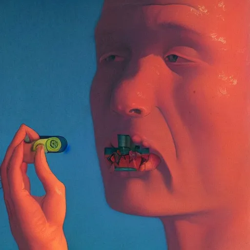 Image similar to a scifi closeup portrait of a young british man licking a blotter paper of LSD acid on his tongue and dreaming psychedelic hallucinations in cosmos, by kawase hasui, moebius, Edward Hopper and James Gilleard, Zdzislaw Beksinski, Steven Outram colorful flat surreal design, hd, 8k, artstation