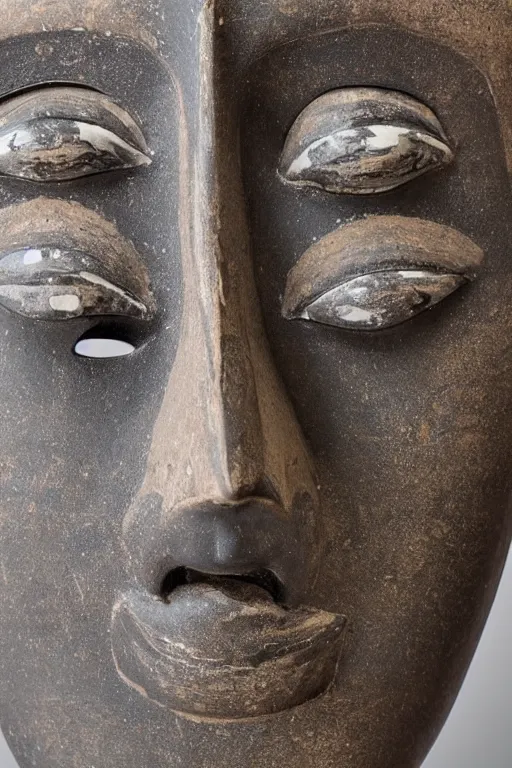 Image similar to a beautiful closed up with bokeh, of a beautiful crafted and rendered, abstract, black, grey porcelain sculpture, that is turning and twisting itself inside, rotated, there is almost a face i there, Egypt, African, mask, hyperrealistic and high details and minimalistic ornaments