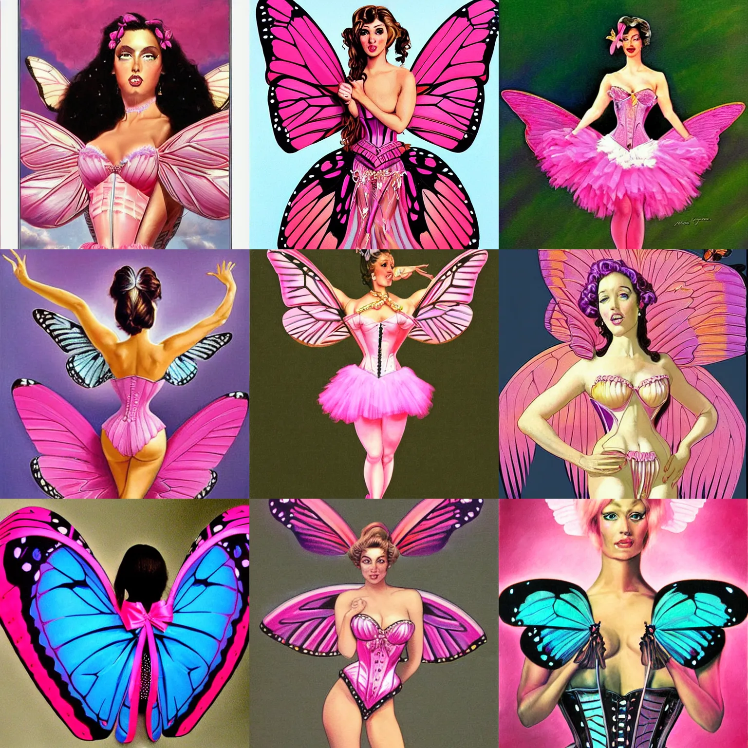 Prompt: stunning woman, butterfly wings, pink corset, pink tutu, clip art, symmetrical, by boris vallejo