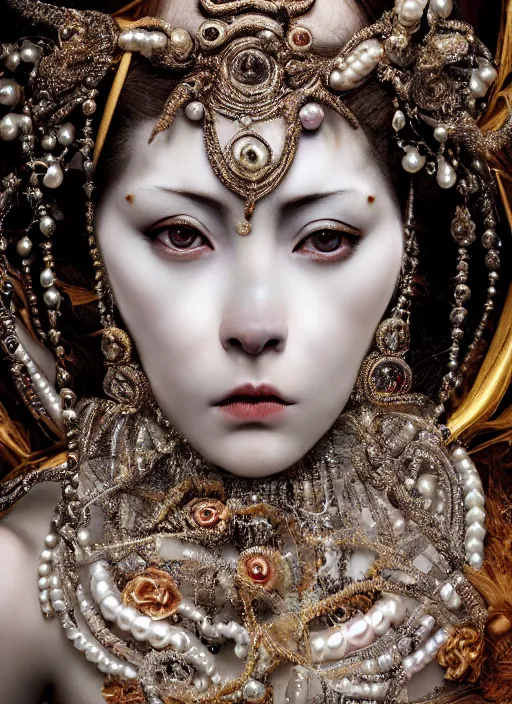 Image similar to hyperrealism, detailed textures, award winning autochrome portrait photo, symetrical japanese pearl beautiful medusa queen autochrome pearl portrait, pearl silverplate, intricate, detailed facial pearl scary animal mask, pearl, golden jewelery, silverplate, ultra realistic, cinematic, intricate, cinematic light by steve mccurry, unreal engine 8 k