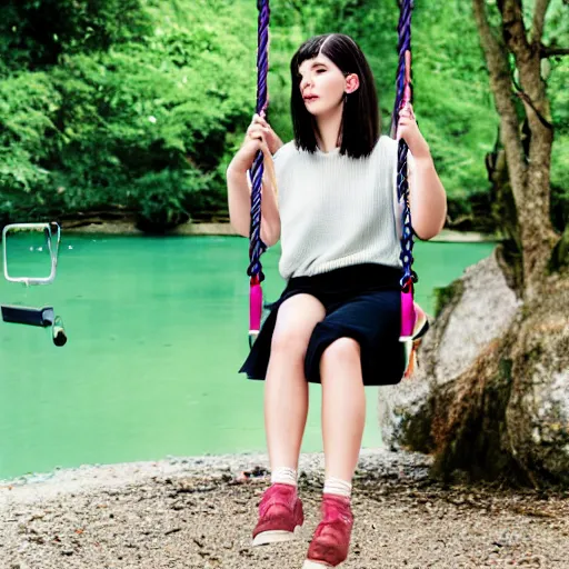 Image similar to dua lipa as nendoroid on the swing as nendoroid by the rural stream as nendoroid, kodak film
