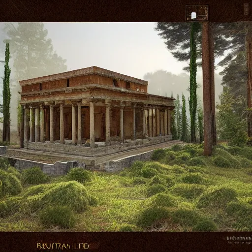 Prompt: a beautiful roman villa in middle of a misty pine forest, 3d rendered, artstation, digital art, 4k