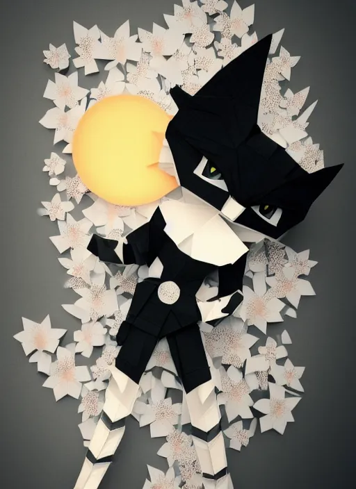 Prompt: paper metropolis made out of origami paper, anthropomorphic cat woman wearing a flowing black and white dotted dress, paper origami, many origami peach and sakura flowers, heavenly light, 3 d, very detailed, octane render, trending artstation, artgem