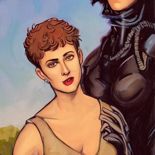 Image similar to short-haired heroic stoic handsome blonde butch tomboy woman engineer standing beside dark fae feathered Jennifer Connelly in garden, in love, Mike Mignola, trending on art station, oil painting