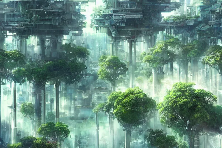 Image similar to futuristic city, lush vegetation, humid, early evening, cloudy, beautiful, dull pastel colors, realistic, hyper detailed, octane render, trending on artstation by yoshitaka amano and makoto shinkai, studio ghibli style