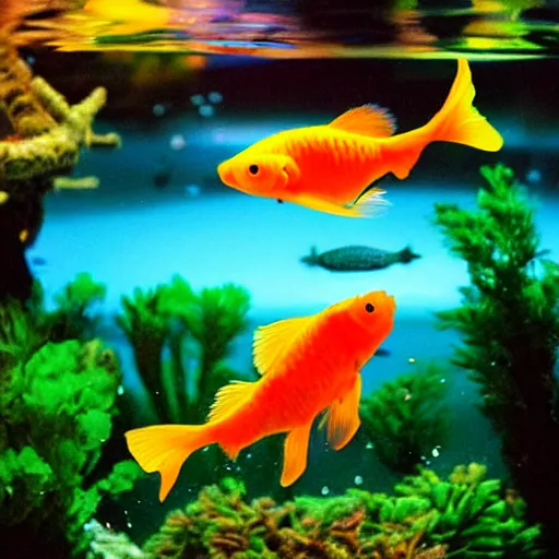 Image similar to luminescent glowing goldfish swimming in an aquarium, photography