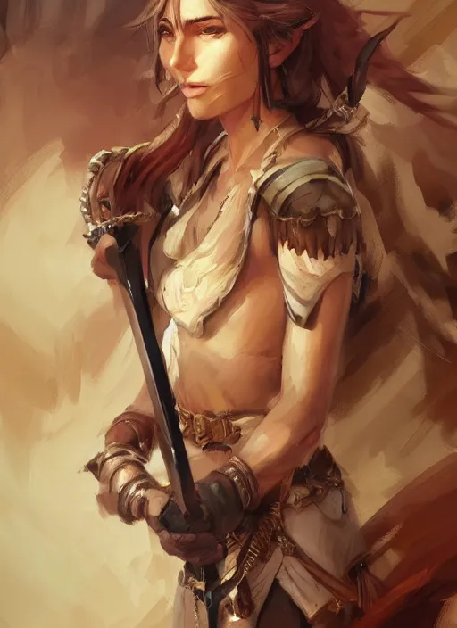 Image similar to beautiful portrait of desert warrior holding a sword, art by krenz cushart, close - up portrait, dynamic pose, upper body, fantasy, digital painting, featured on artstation, highly detailed illustration, intricate, elegant, sharp focus, 4 k