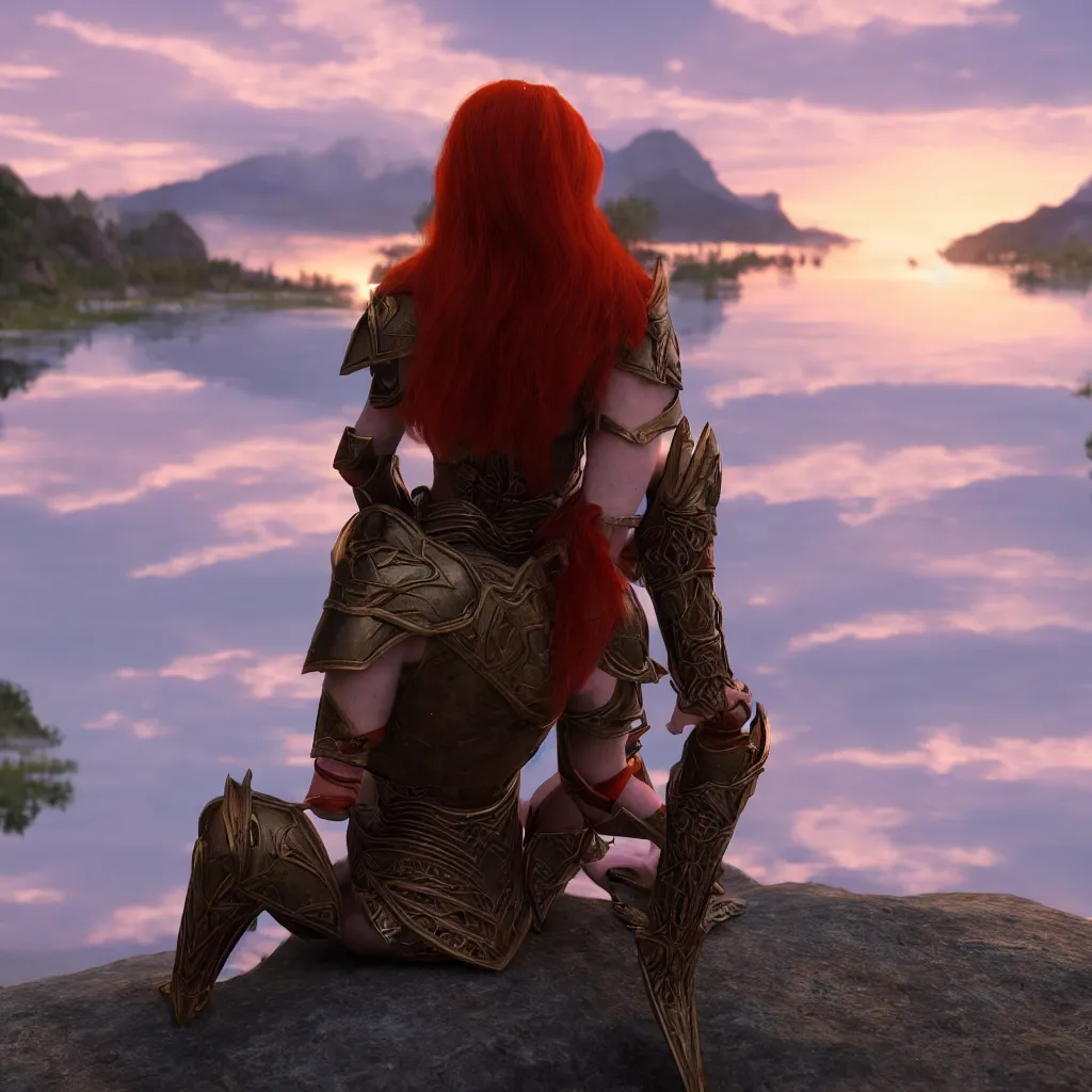 Image similar to beautiful female redhead elf warrior wearing armor, sitting next to a beautiful lake at sunset, enjoying the wind, looking at the water. 8k ultra realistic, award winning, unreal engine 5, masterpiece, atmosphere glow, hyperrealistic, focused, extreme details, cinematic