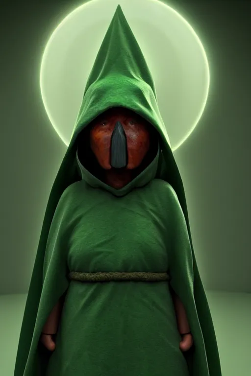 Image similar to A cute shaman with no nose, glowing eyes and a very long hooded dark green cloak of leaves by Julien Kaspar, 3D render, stylized, Cycles Render