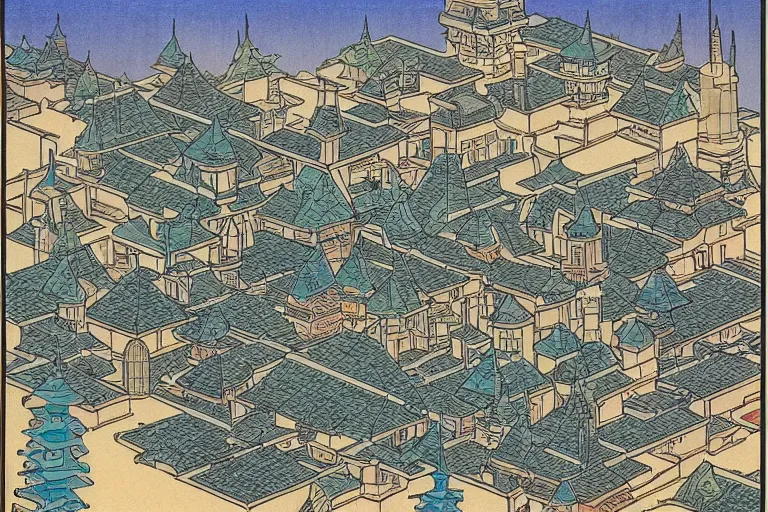 Prompt: a dungeons and dragons castle town. first person view from alleyway. r / retrofuturism and ukiyo - e