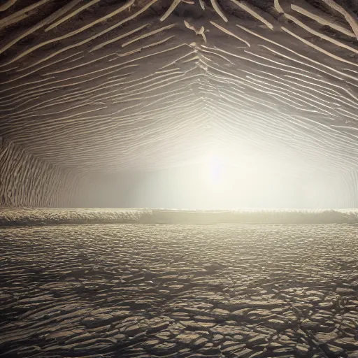 Image similar to a photo of the interior of a vast infinite vaulted structure made of driftwood, volumetric lighting, light rays, photorealistic, ultrarealistic, coronarender, 8 k