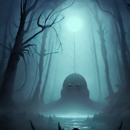 Image similar to A Lovecraftian scary giant creature in a foggy landscape from Studio Ghibli and HP Lovecraft, extreme long shot, full body, 4k, highly detailed. award winning sci-fi, concept art, smooth, sharp focus, illustration, ultra wide lens, artstation