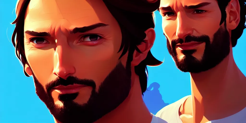 Image similar to low angle portrait of Rodrigo Santoro, tepainting concept Blizzard pixar maya engine on stylized background splash comics global illumination lighting artstation lois van baarle, ilya kuvshinov, rossdraws