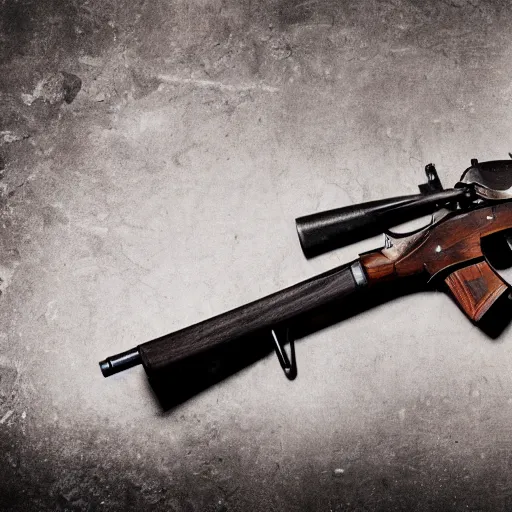 Prompt: Photo of a muzzle loaded flintlock AK-47 laid on a table, 4k, Forgotten Weapons, grey table background