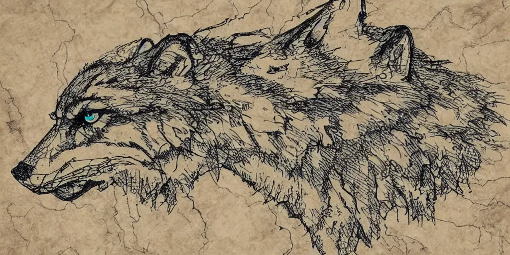 Image similar to face of a wolf in the style of a medieval fantasy map, mountains, forests. Skyrim, Lord of the Rings map, Zelda Breath of the Wild map, drawing on parchment