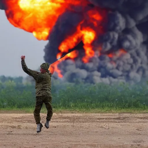 Image similar to a funny, intimidated ukrainian with a chub on his head in a vyshvanka is jumping trying to dodge napalm on the ground from a nuclear mushroom in the background